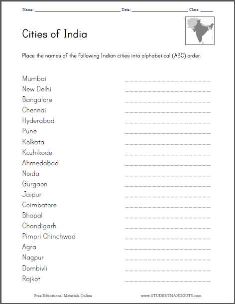 Cities of India in ABC Order - Worksheet is free to print (PDF file).