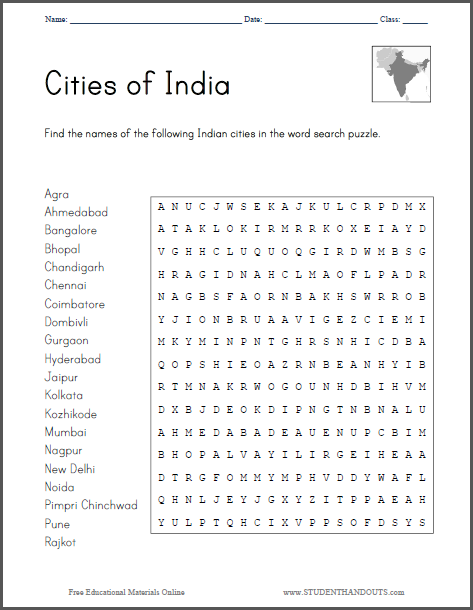 Cities of India Word Search Puzzle - Free to print (PDF file).