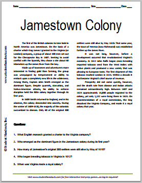 "Jamestown Colony" Reading with Questions for High School United States History Students