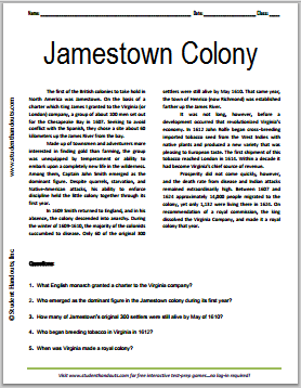 Jamestown Colony Reading with Questions | Student Handouts