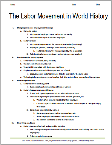 History of the Labor Movement - Free Printable Outline for High School World History Students