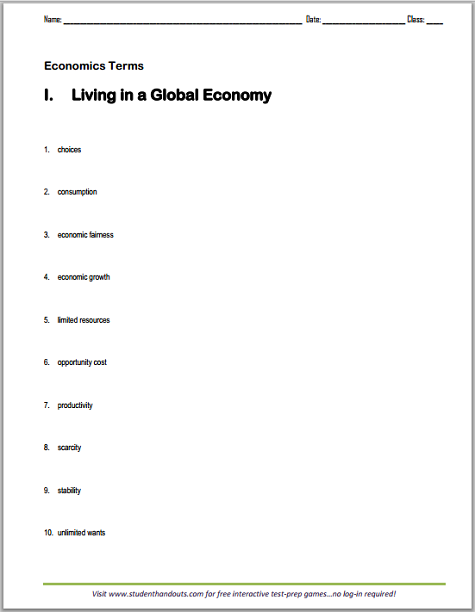 Living in a Global Economy Terms Worksheet - Free to print (PDF file) for high school Economics students.