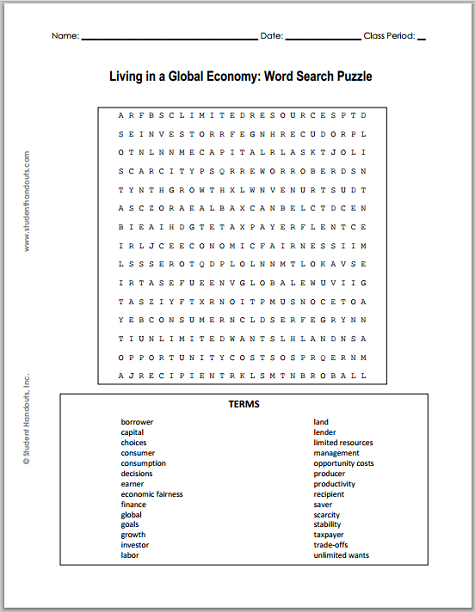 Living in a Global Economy Word Search Puzzle - Free to print (PDF file) for high school Economics students.