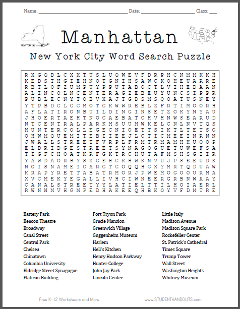 Manhattan, NYC Word Search Puzzle - Free to print (PDF file).