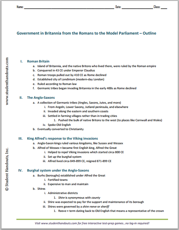 History of Medieval England:
English Government from the Romans to the Model Parliament - Free Printable Outline