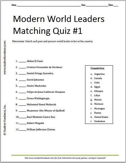 Modern World Leaders Matching Quiz #1 - Free to print (PDF file).