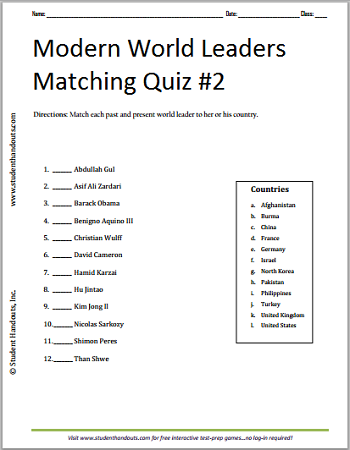 Modern World Leaders Quiz #2 - Free to print (PDF file).