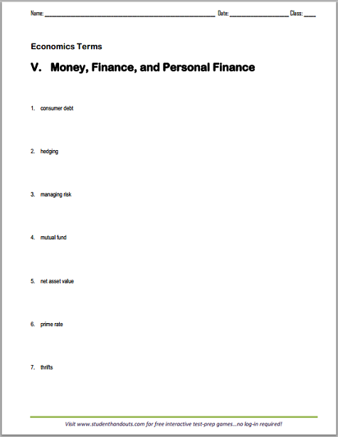 Money and Personal Finance Vocabulary Terms Worksheet - Free to print (PDF file).