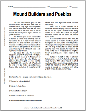 "Mound Builders and Pueblos" Reading with Questions for High School United States History Students
