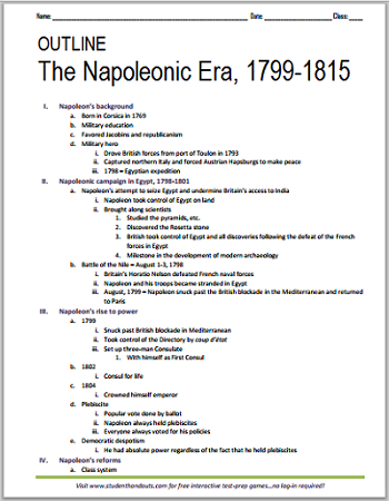 Outline: Napoleonic Era, 1799-1815 - Free to print (PDF file).