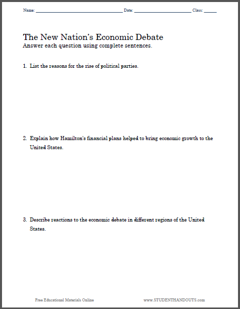New Nation's Economic Debate Essay Questions - Free to print (PDF file) for high school United States History students.