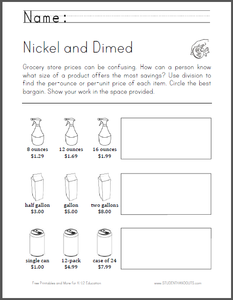 Nickel and Dimed Math Worksheet - Free to print (PDF file) for fourth grade.