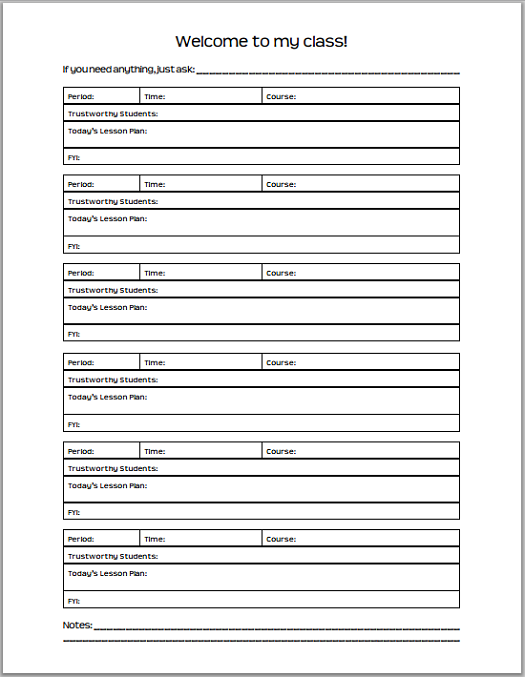 Notes for the Substitute Teacher - Free to print (PDF file).