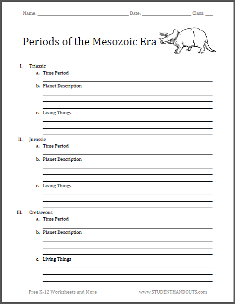 Periods of the Mesozoic Era - Free printable outline chart worksheet (PDF file).