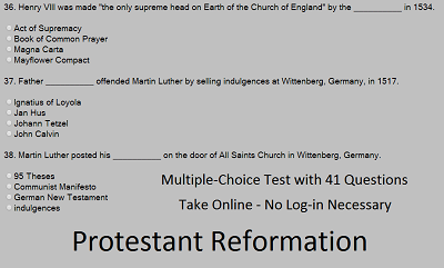 Protestant Reformation Online Quiz - Free to take this interactive multiple-choice test. No registration needed.