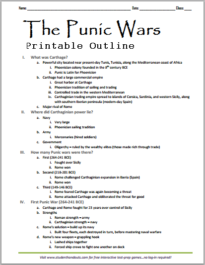 The Punic Wars (264-146 B.C.E.) Printable Outline - Free to print (PDF file).