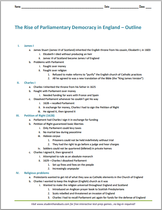 The Rise of Parliamentary Democracy in England - Free Printable Outline (PDF File)