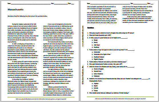 "Colonial Massachusetts" Reading with Questions for High School United States History Students