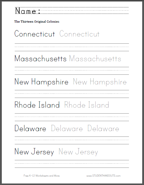 Thirteen Colonies Handwriting and Spelling Sheet - Free to print (PDF file). For lower elementary students.