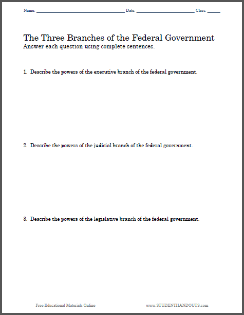 Three Branches of Government Essay Questions - Free to print (PDF file) for high school American Government students.