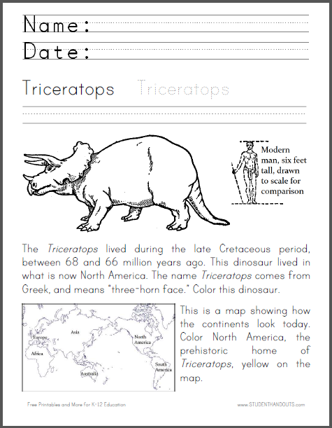 triceratops coloring worksheet student handouts