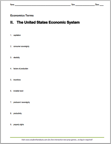 U.S. Economy Vocabulary Terms Worksheet - Free to print (PDF file) for high school Economics students.
