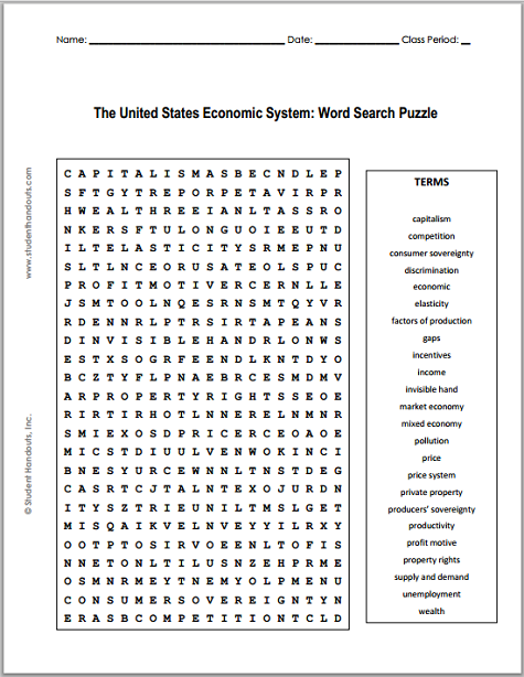 U.S. Economy Word Search Puzzle - Free to print (PDF file) for high school Economics students.