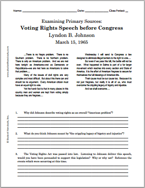 Voting Rights Speech before Congress
Lyndon B. Johnson - March 15, 1965: Free Printable DBQ: Document-based Questions Worksheet