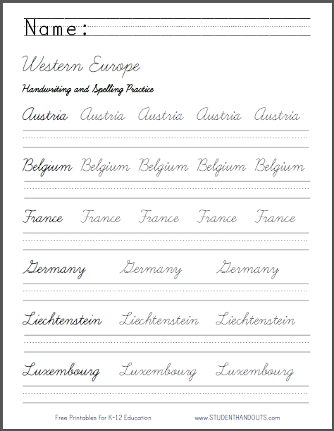 Western Europe Handwriting Practice Worksheets - Cursive script or print manuscript. Free to print (PDF files).