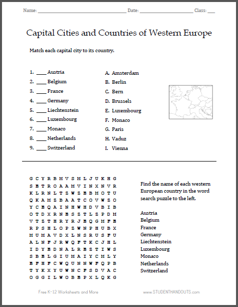 Western European Capital Cities Word Search Puzzle - Free to print (PDF file).