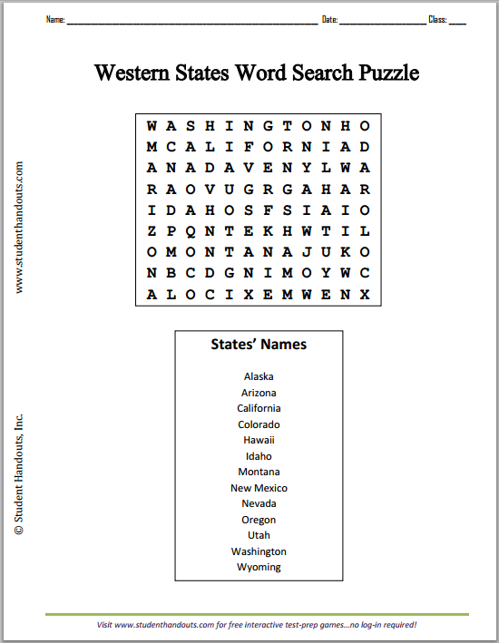 Western States Word Search Puzzle - Free to print (PDF file).