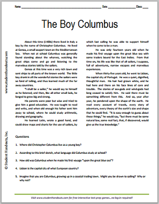 The Boy Columbus - Free printable reading with questions for upper elementary students.