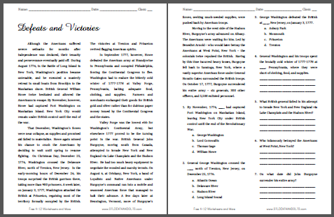 Defeats and Victories - Free printable reading with questions on the American Revolution.