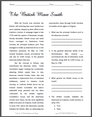 The British Move South - Free printable reading with questions on the American Revolution.