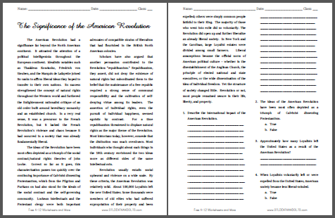 worksheets american revolution