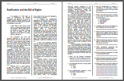 Ratification and the Bill of Rights - Free printable reading with questions worksheet for high school United States History students.