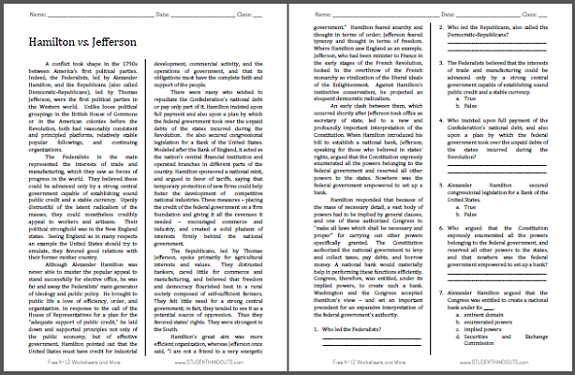 Hamilton vs. Jefferson - Free printable reading with questions for high school United States History students.