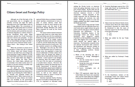 Citizen Genet & Foreign Policy - Free printable reading with questions worksheet (PDF file) for high school United States History students.