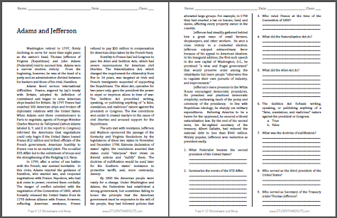 Adams and Jefferson - Free printable reading with questions (PDF file) for high school American History students.