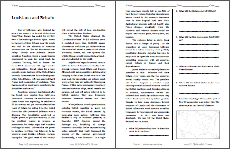 Louisiana and Britain - Reading with questions for high school United States History students. Free to print (PDF file).