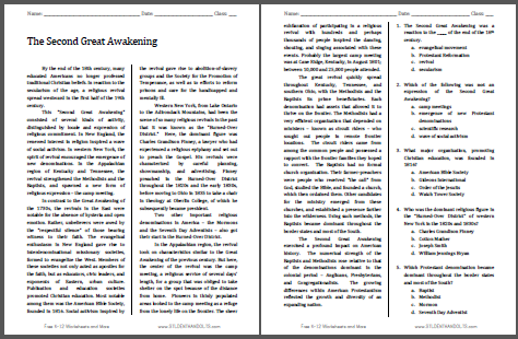 The Second Great Awakening - Free printable reading with questions (PDF file) for high school United States History students.