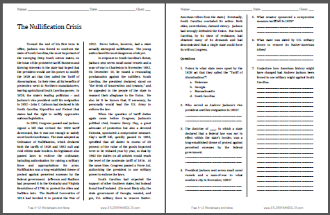 The Nullification Crisis - Free printable reading with questions for high school United States History students.