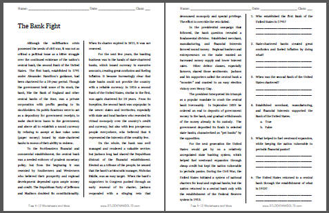 The Bank Fight - Free printable reading with questions (PDF file) for high school United States History students.