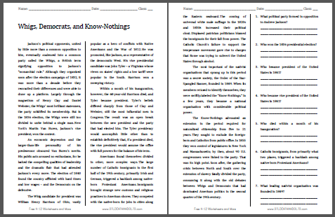 Whigs, Democrats, and Know-Nothings - Free printable reading with questions (PDF file) for high school United States History students.