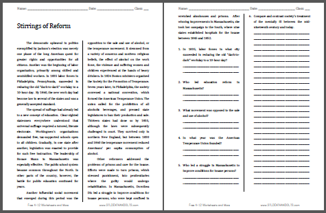 Stirrings of Reform - Reading with questions for high school United States History students is free to print (PDF file).