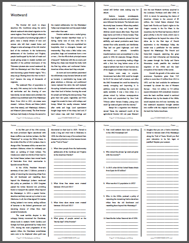 Westward - Free printable reading with questions for high school United States History students (PDF file).