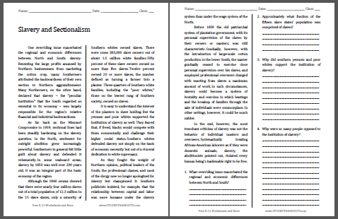 Slavery and Sectionalism - Free printable reading with questions (PDF file) for high school United States History students.