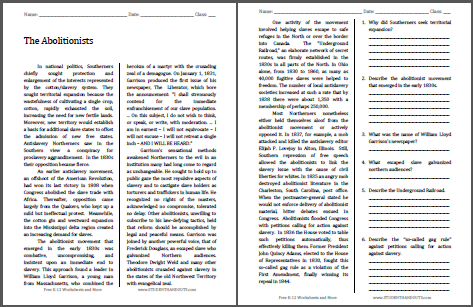 The Abolitionists Reading with Questions | Student Handouts