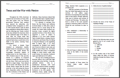 Texas and War with Mexico - Free printable reading with questions (PDF file) for high school United States History students.