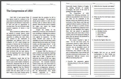 The Compromise of 1850 - Free printable reading with questions (PDF file) for high school United States History students.